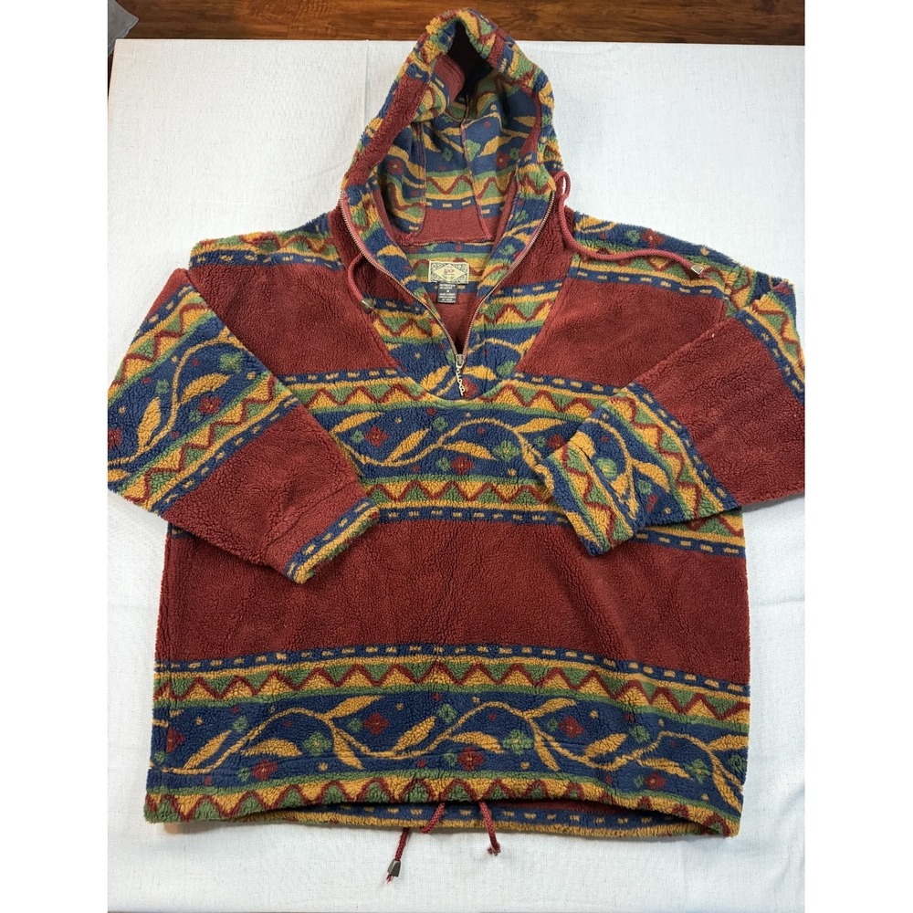 VTG Aztec Tribal Hoodie Mens Medium Burgundy Fleece Geometric Pullover Exp Jeans